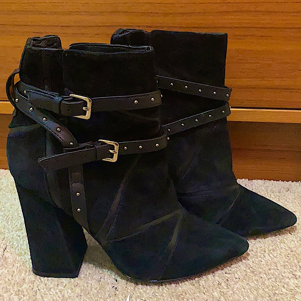 Aldo black heeled booties with gold studded strap detail. Size 7.5